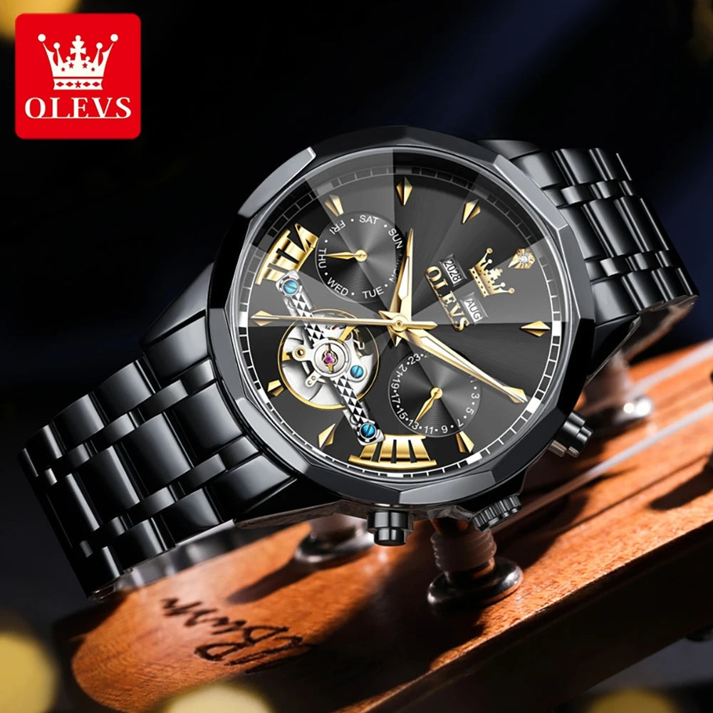 OLEVS 6619 Original Hollowed Automatic Watch Fashion Diamond Shaped Glass Skeleton Multifunctional Mechanical Wristwatch for Men