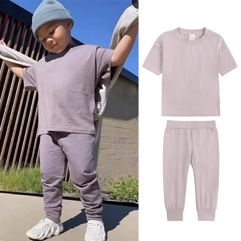Kids Summer Tracksuit Solid Color Baby Children Outwear Clothes Cotton T-shirt+Pants Suits Toddler Boy Girl Casual Costume