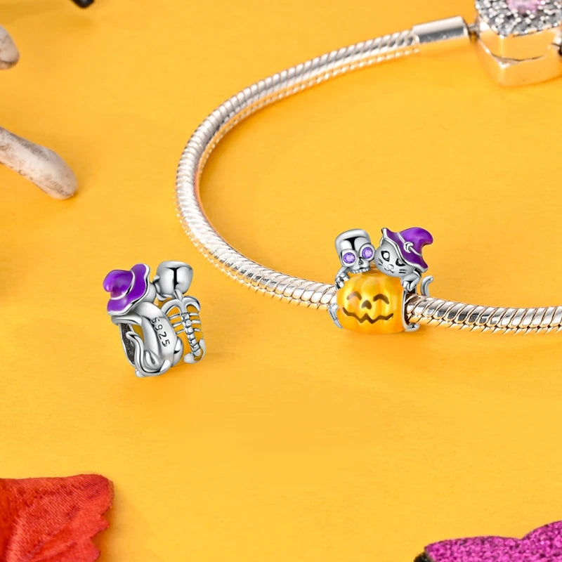 Funny 925 Sterling Silver Witch,Pumpkin & Heart Skull Beads Charm Fits Brand Bracelet & Necklace Fine Halloween Jewelry Gifts
