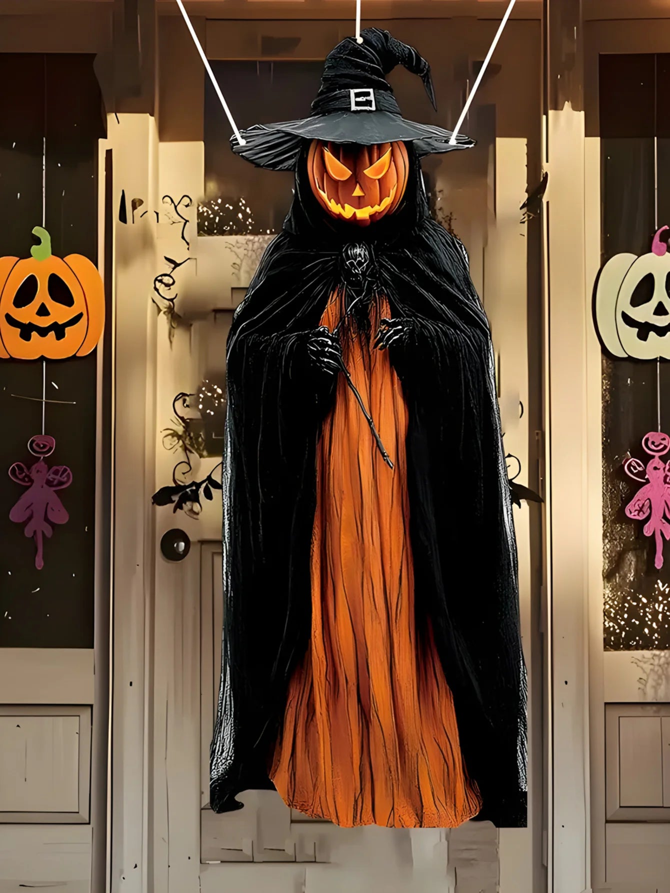 3PC Halloween Pumpkin Decoration Flag Outdoor/Indoor Horror Theme with Skull Gauze And Witch Hat Suitable for Spooky Atmosphere