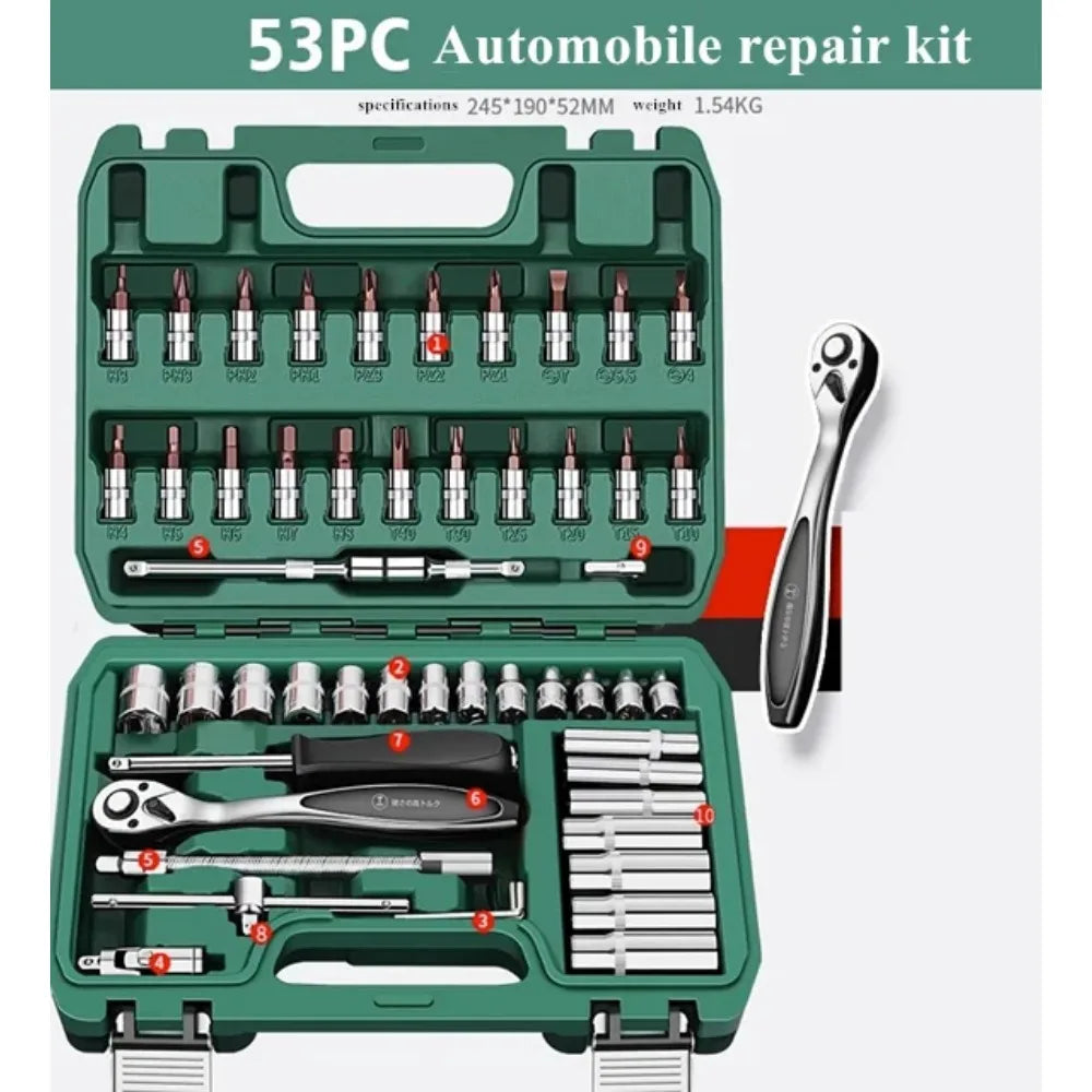 53Piece Wrench Set Kit Multifunctional Complete Professional Tools Kit Ratchet Spanner Household Mechanical Workshop Tools