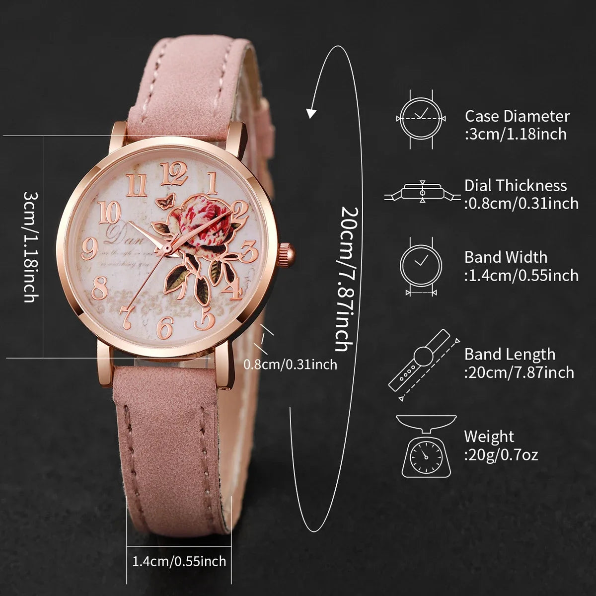 PU leather strap women's quartz watch pink dial, pink strap set, 6-piece set