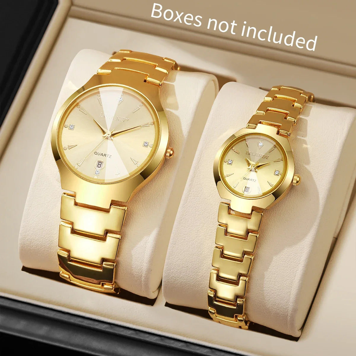 2PCS Fashion Couple Watches Set Luxury Steel Band Men Calendar Watch Women Quartz Wristwatch Clock Gift (Without Box)