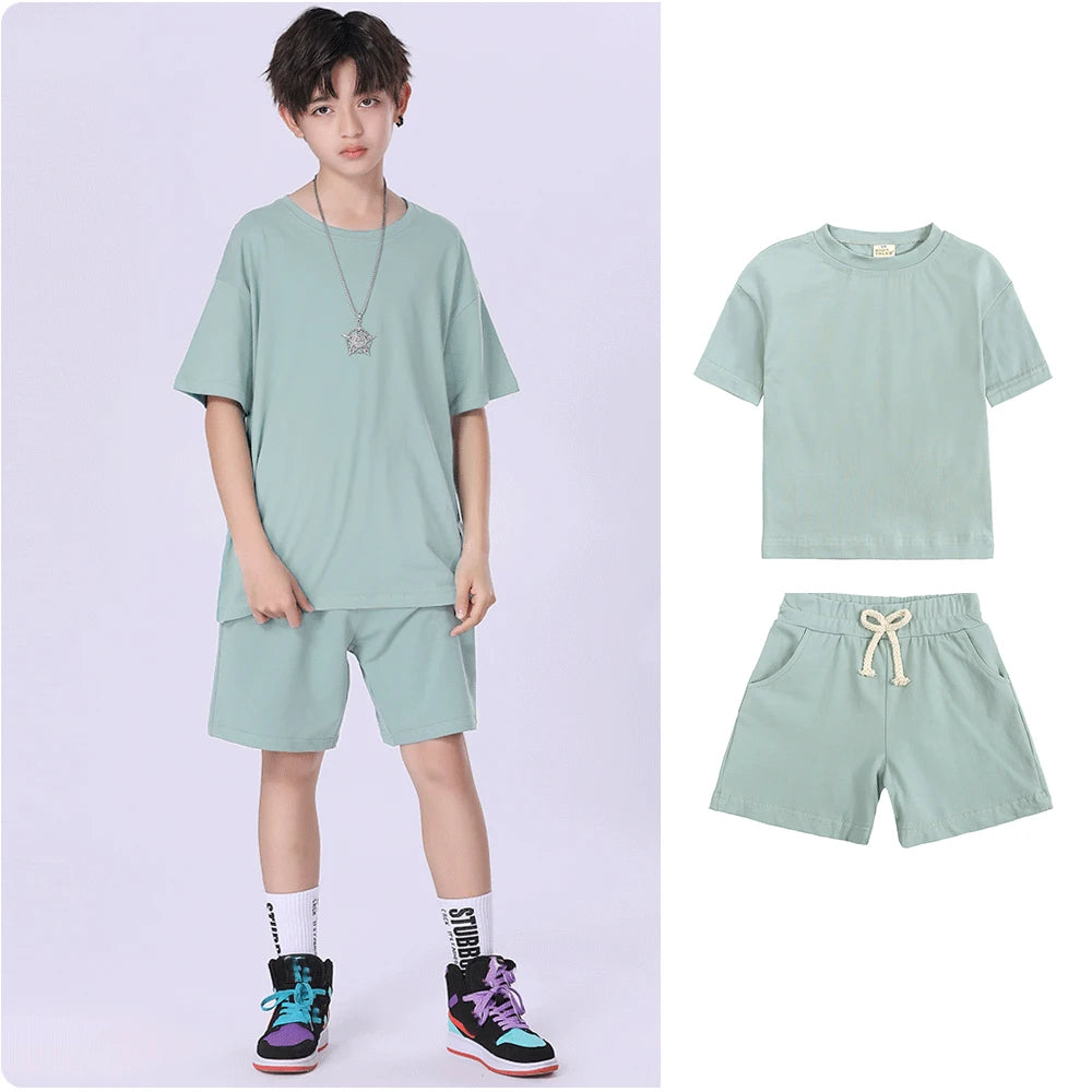Kids Summer Tracksuit Solid Color Baby Children Outwear Clothes Cotton T-shirt+Pants Suits Toddler Boy Girl Casual Costume