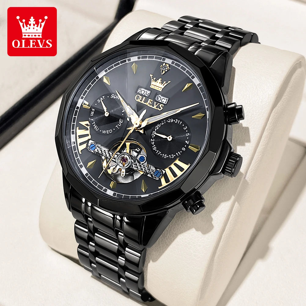 OLEVS 6619 Original Hollowed Automatic Watch Fashion Diamond Shaped Glass Skeleton Multifunctional Mechanical Wristwatch for Men