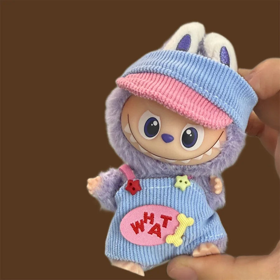 For Mini Labubu 4.0 The Monsters Pin for Love Series  Colored dopamine overalls with hat For Labubu V4 Clothing Accessories