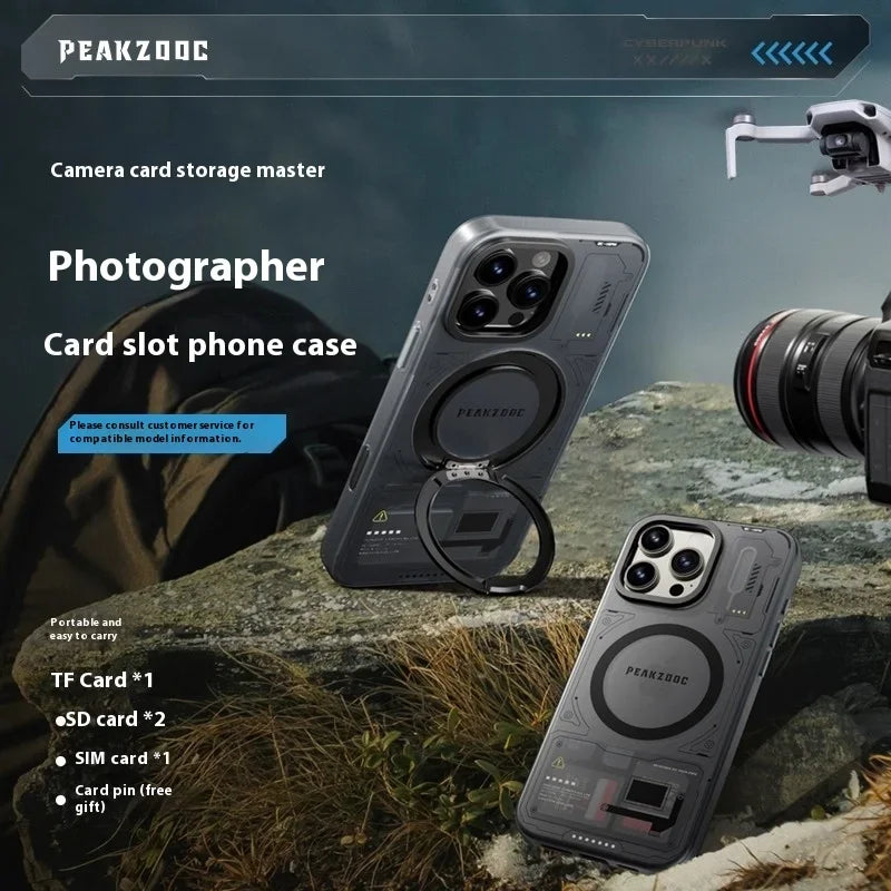 Peakzooc Cyber Memory Card Phone Case Magnetic Bracket SIM Card/SD/TF/Memory Card Storage Manager for IPhone 15/16 Pro Max Gift