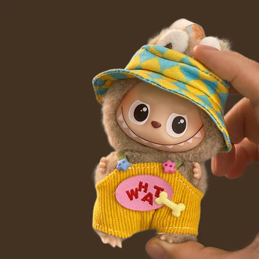 For Mini Labubu 4.0 The Monsters Pin for Love Series  Colored dopamine overalls with hat For Labubu V4 Clothing Accessories