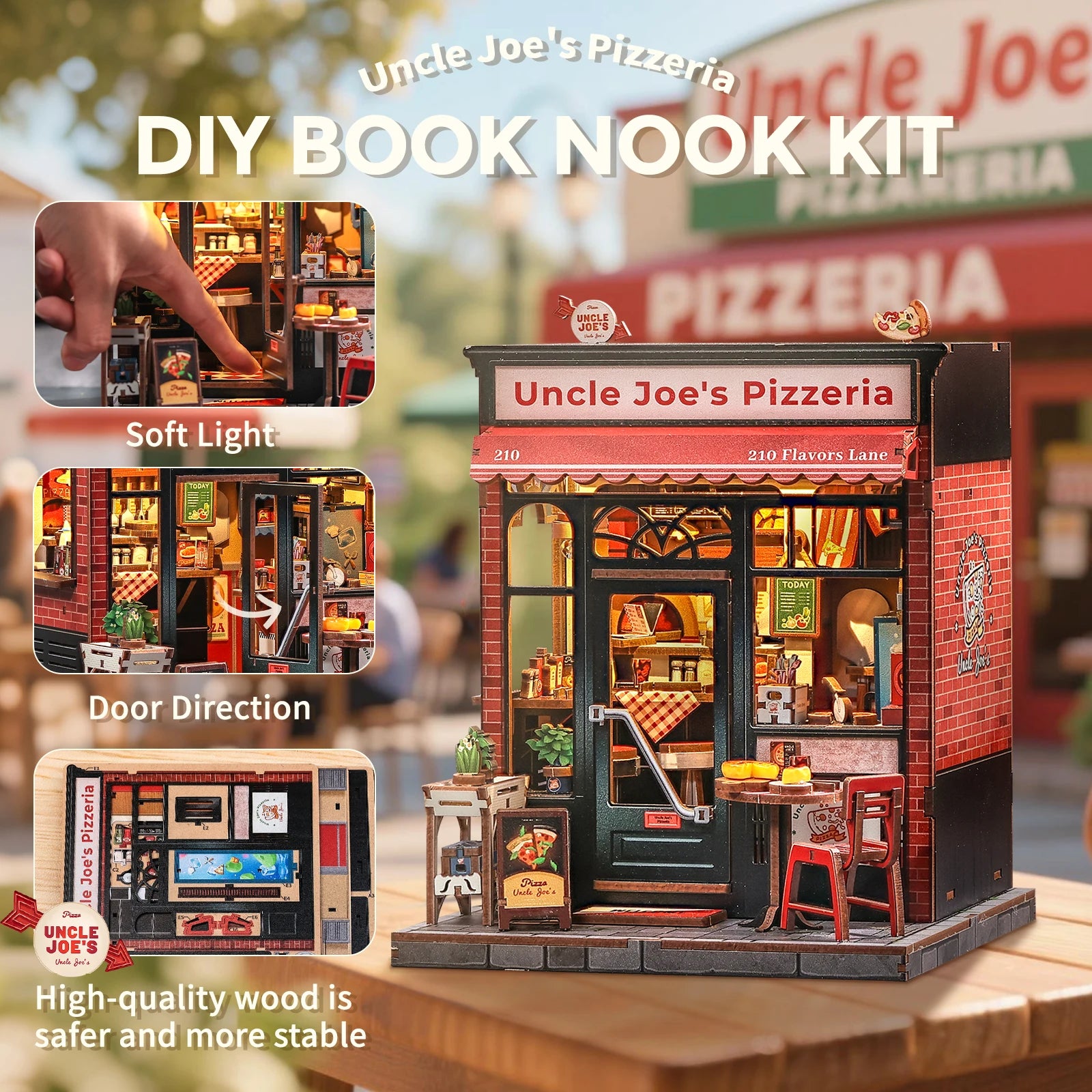 CUTEBEE Book Nook Kit DIY Doll House with LED Light Bookshelf Insert Uncle Joe's Pizzeria Miniature Model For Party Family Gift