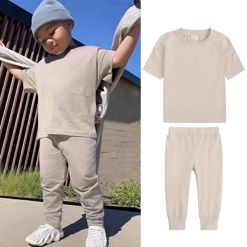 Kids Summer Tracksuit Solid Color Baby Children Outwear Clothes Cotton T-shirt+Pants Suits Toddler Boy Girl Casual Costume