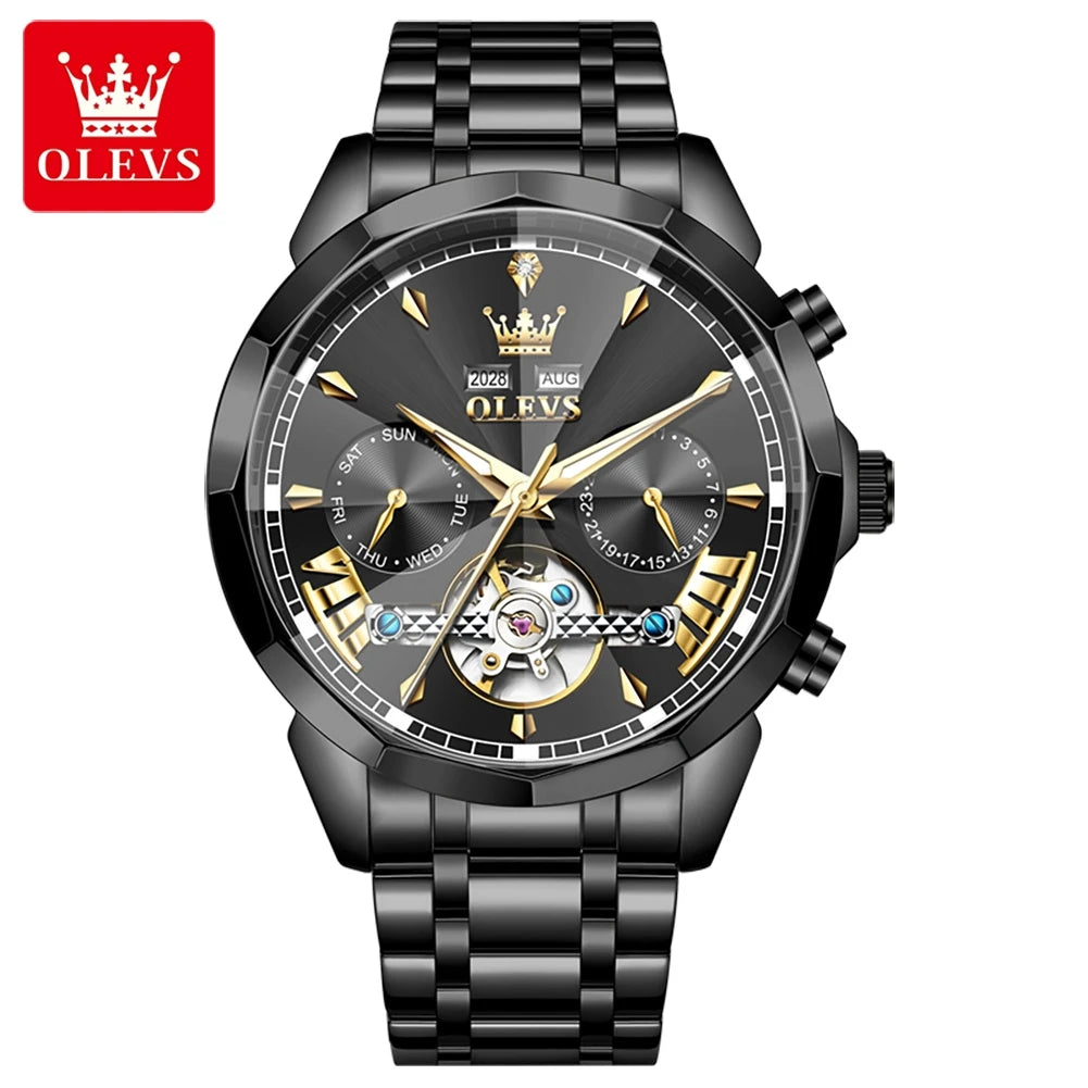 OLEVS 6619 Original Hollowed Automatic Watch Fashion Diamond Shaped Glass Skeleton Multifunctional Mechanical Wristwatch for Men