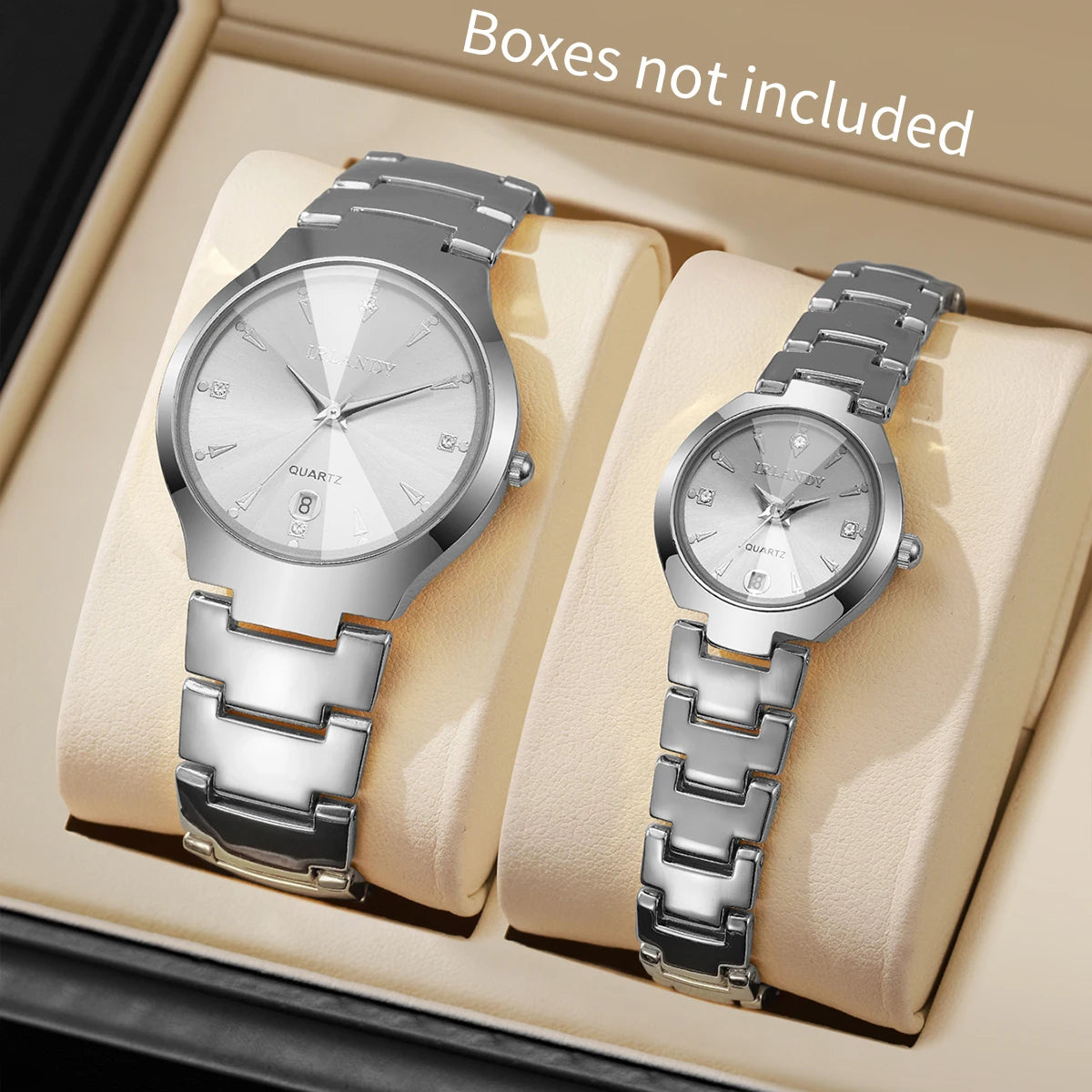 2PCS Fashion Couple Watches Set Luxury Steel Band Men Calendar Watch Women Quartz Wristwatch Clock Gift (Without Box)