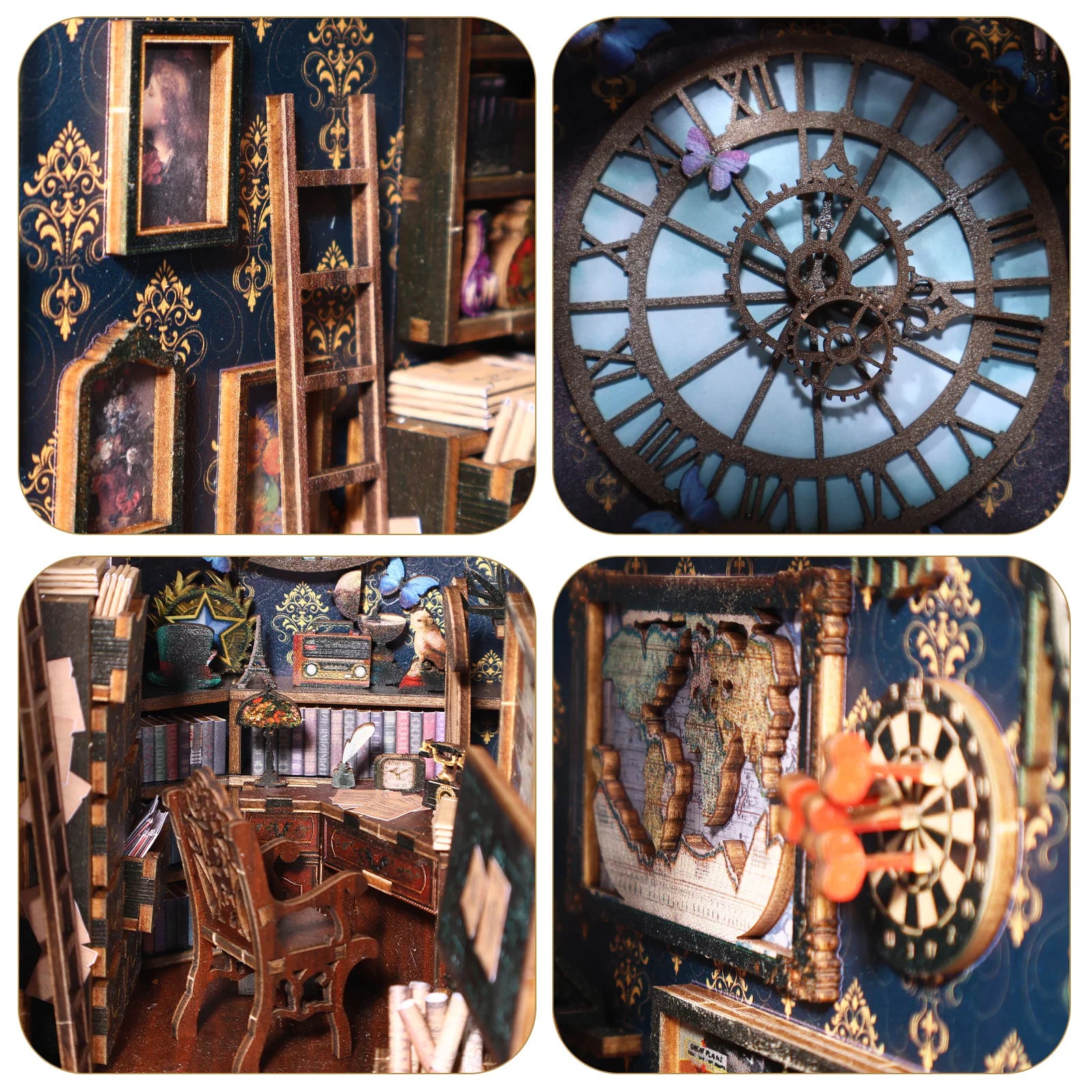 DIY Book Corner Kit 3D Wooden Puzzle Book Shelf Insert Decorative Doll House Model With LED Lights Creative Building Kids Gifts