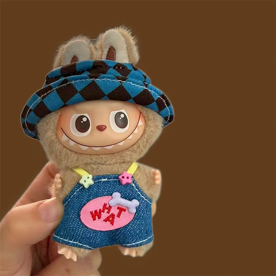 For Mini Labubu 4.0 The Monsters Pin for Love Series  Colored dopamine overalls with hat For Labubu V4 Clothing Accessories
