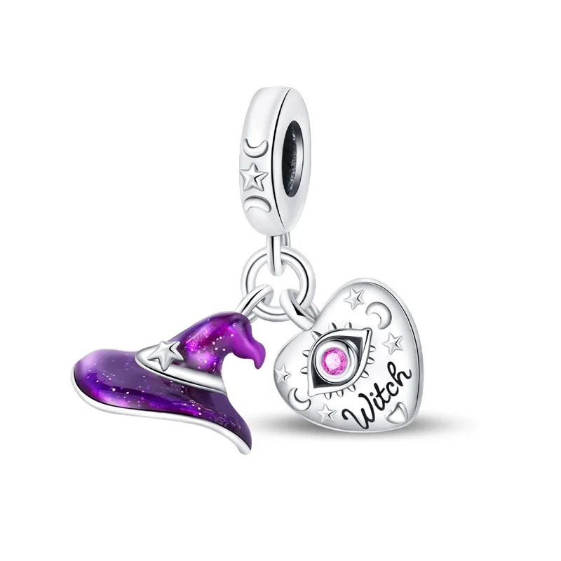 Funny 925 Sterling Silver Witch,Pumpkin & Heart Skull Beads Charm Fits Brand Bracelet & Necklace Fine Halloween Jewelry Gifts