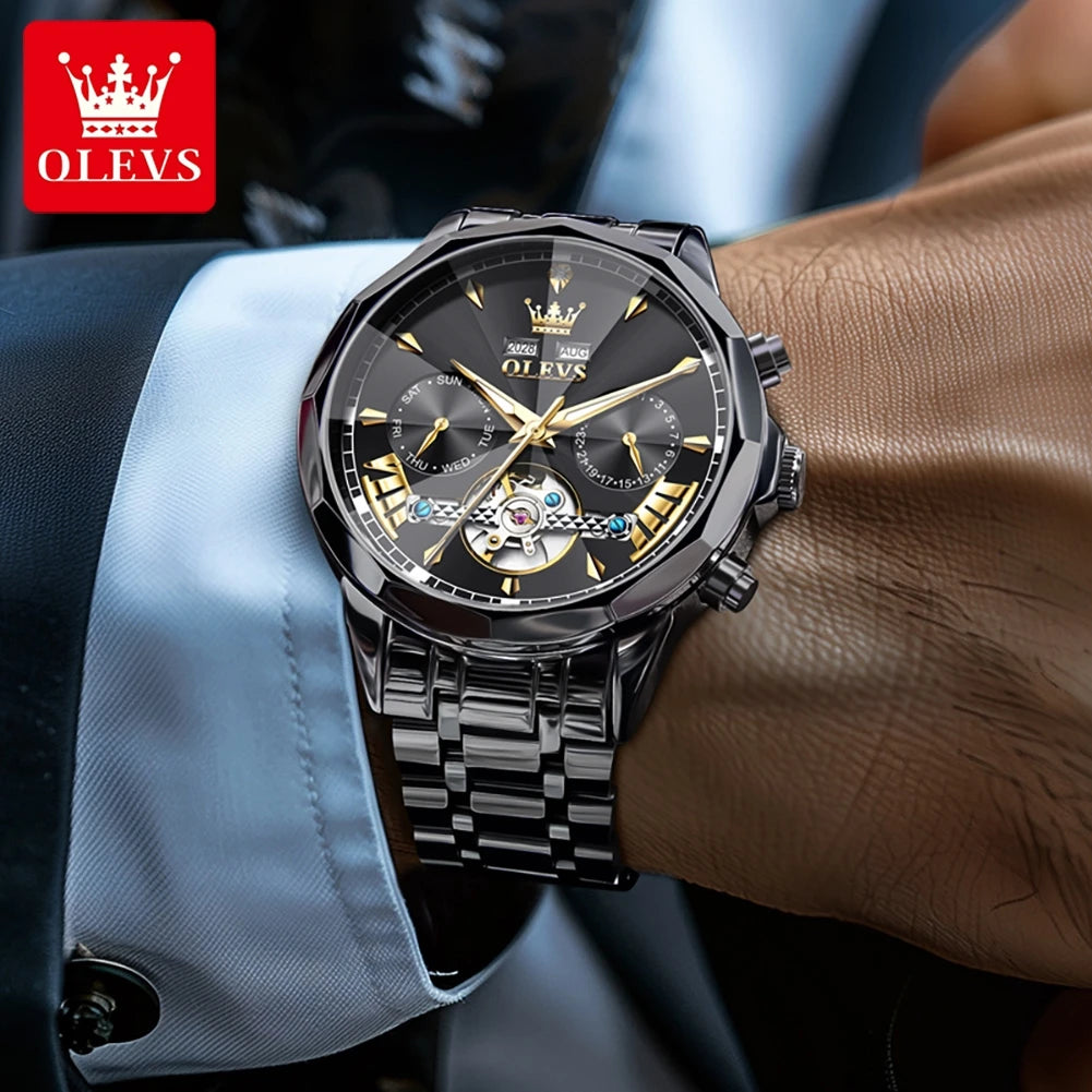 OLEVS 6619 Original Hollowed Automatic Watch Fashion Diamond Shaped Glass Skeleton Multifunctional Mechanical Wristwatch for Men