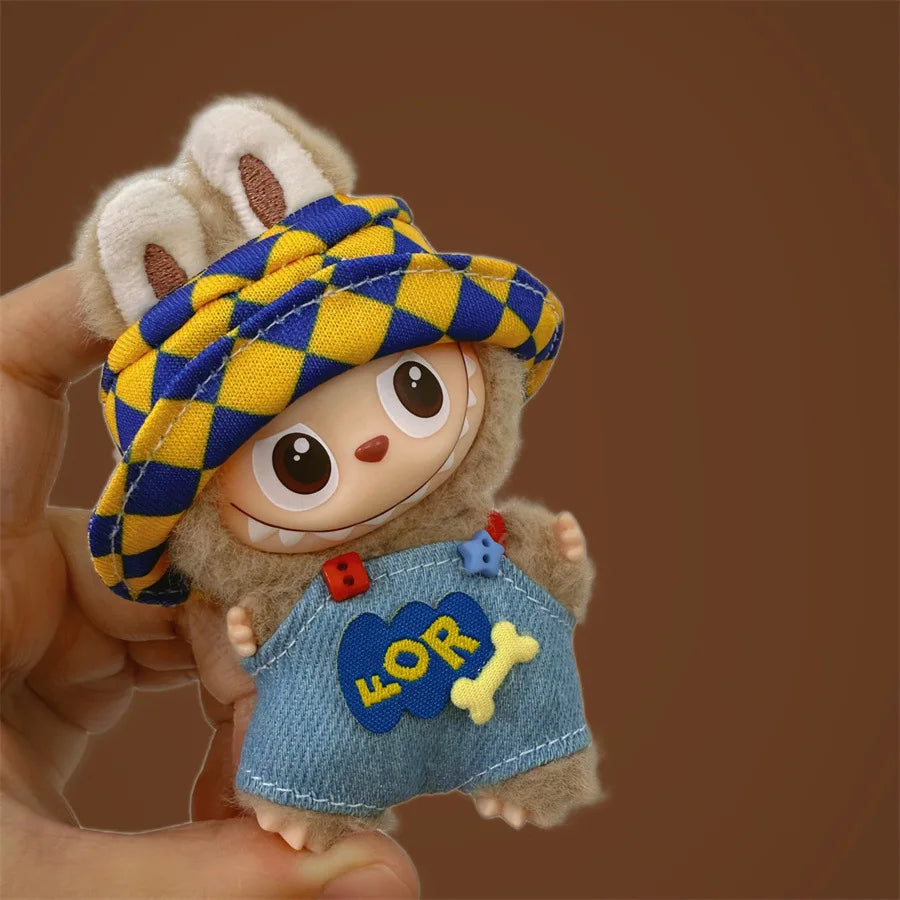 For Mini Labubu 4.0 The Monsters Pin for Love Series  Colored dopamine overalls with hat For Labubu V4 Clothing Accessories