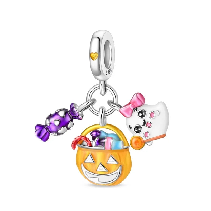 Funny 925 Sterling Silver Witch,Pumpkin & Heart Skull Beads Charm Fits Brand Bracelet & Necklace Fine Halloween Jewelry Gifts