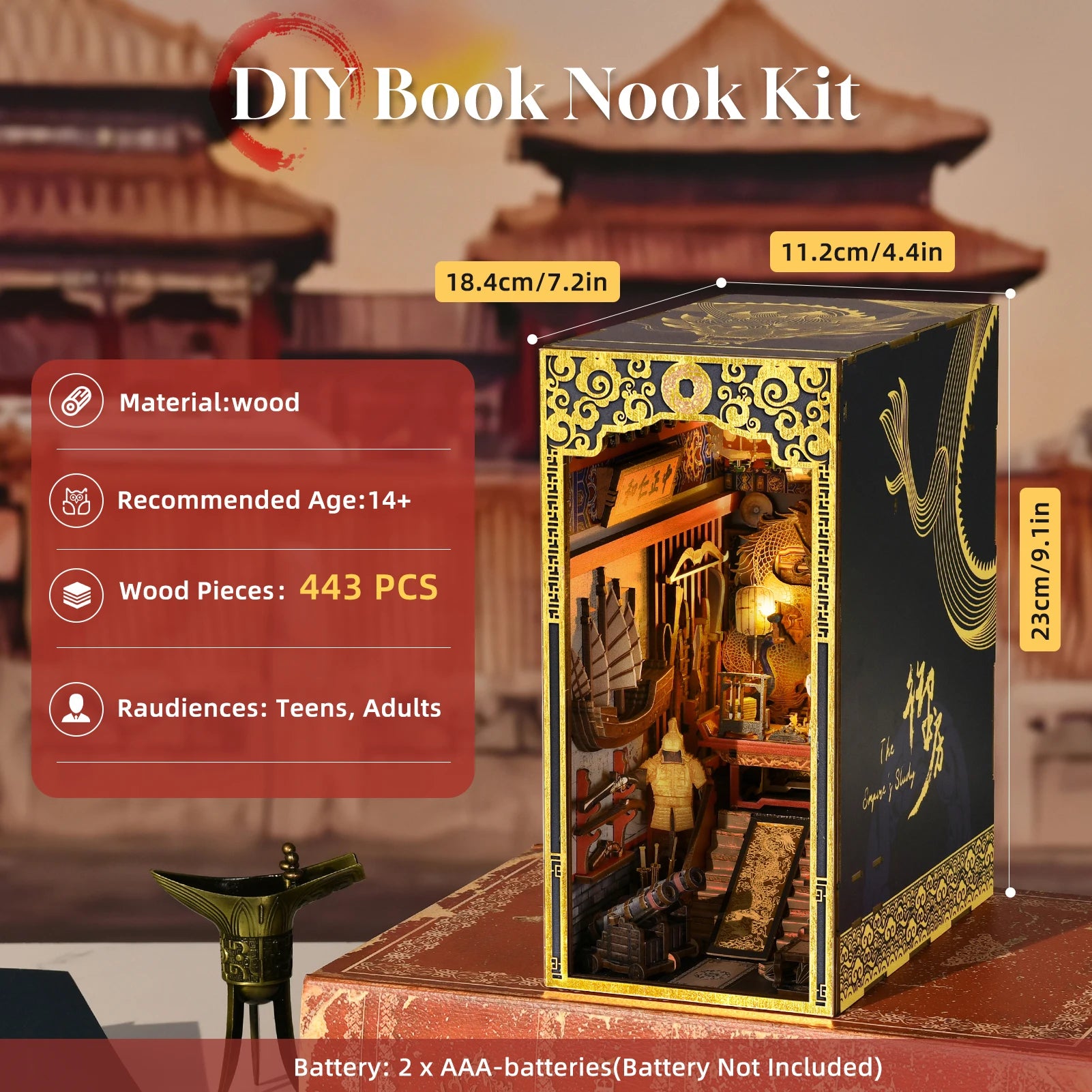 Minicity Christmas Gifts Wooden Dollhouse Toy the Emperor Study Book Nook Kits with Cover and LED Light