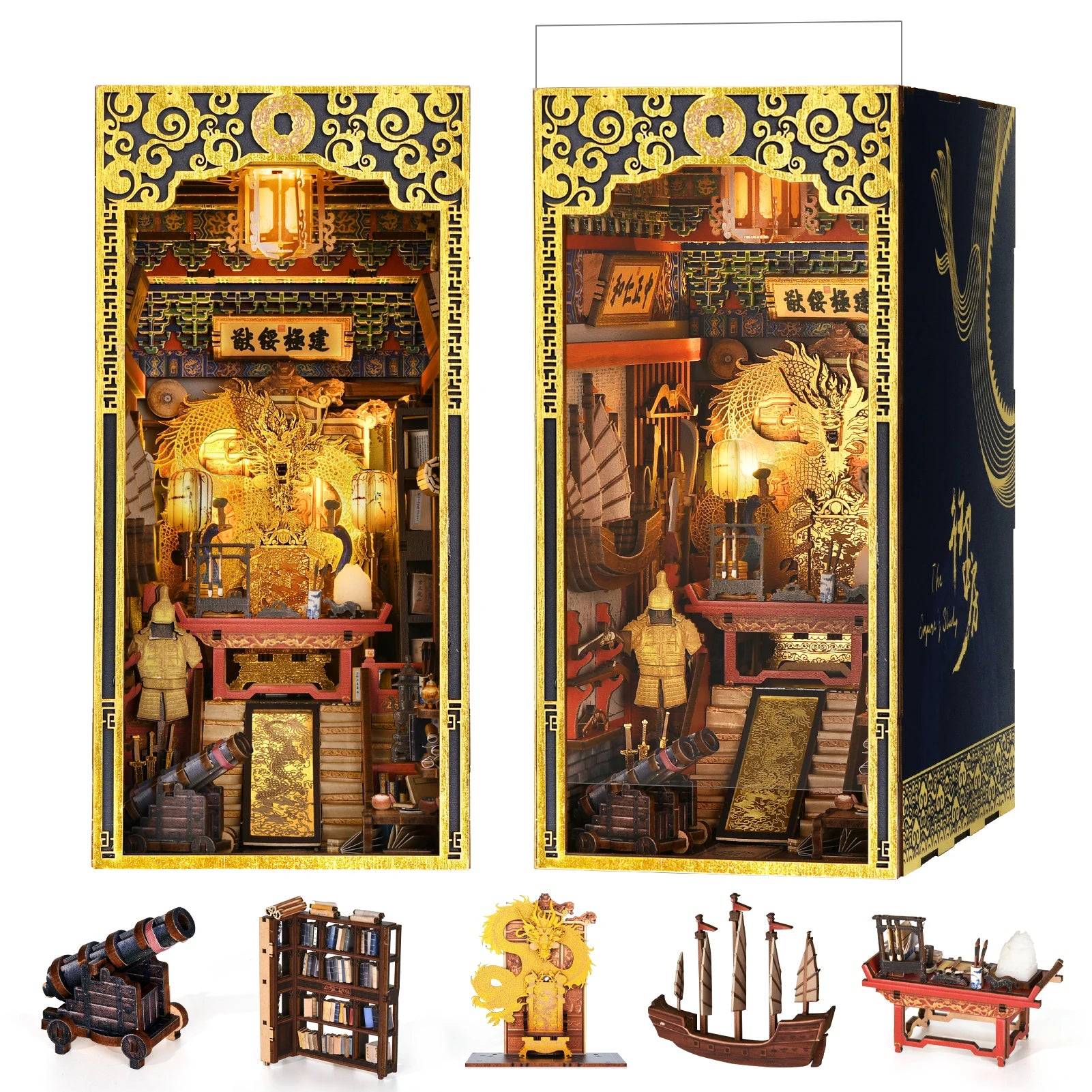Minicity Christmas Gifts Wooden Dollhouse Toy the Emperor Study Book Nook Kits with Cover and LED Light