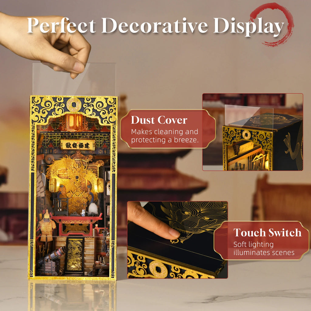 Minicity Christmas Gifts Wooden Dollhouse Toy the Emperor Study Book Nook Kits with Cover and LED Light