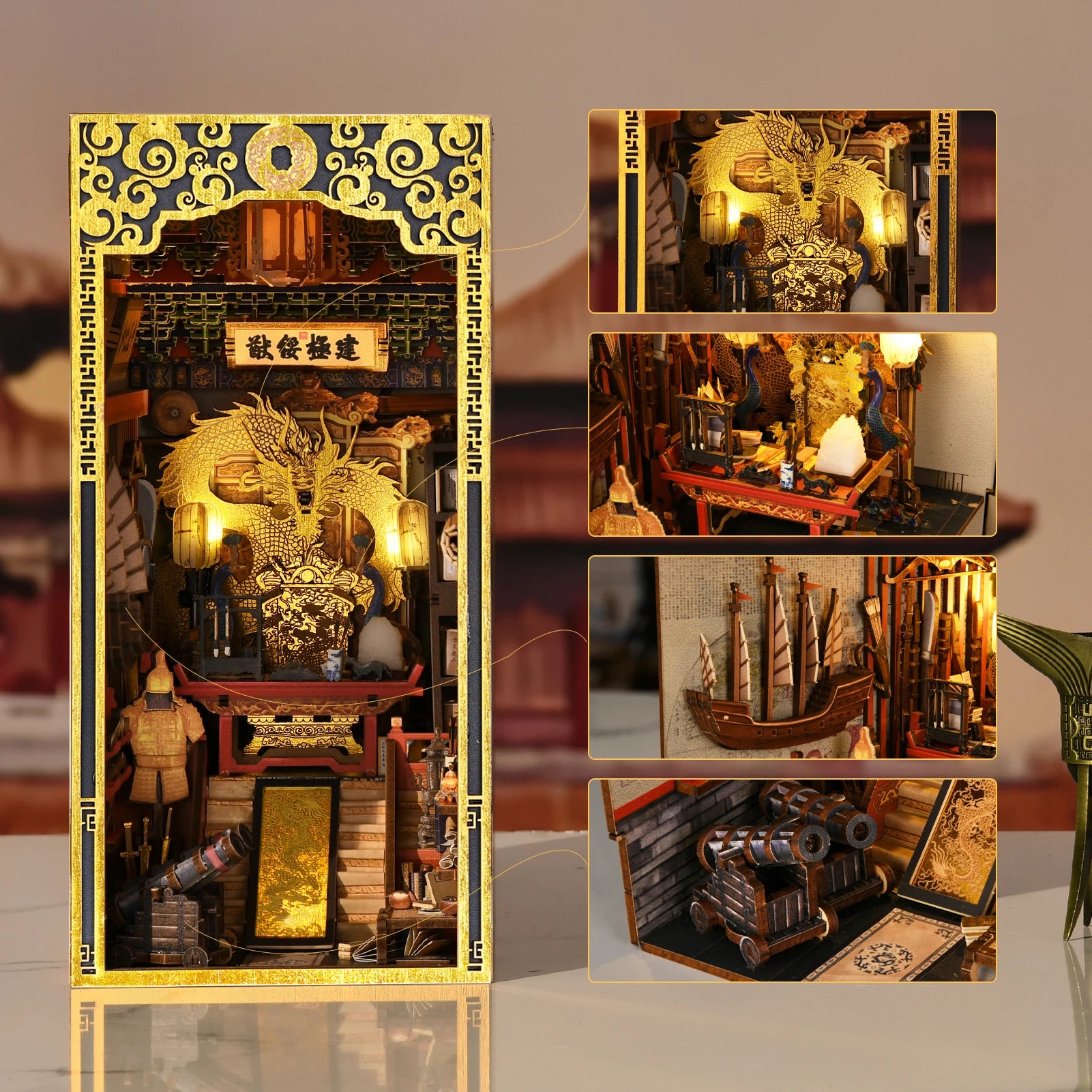 Minicity Christmas Gifts Wooden Dollhouse Toy the Emperor Study Book Nook Kits with Cover and LED Light