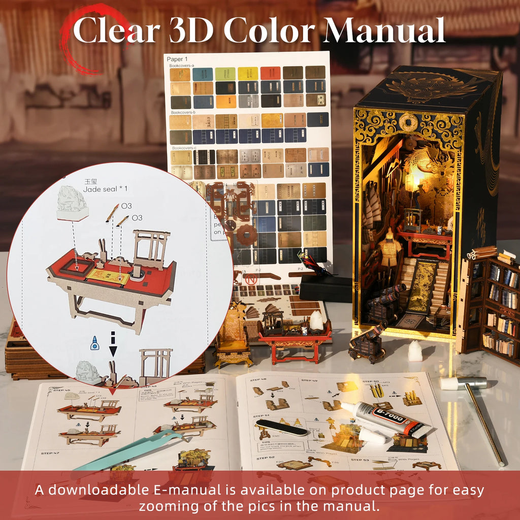 Minicity Christmas Gifts Wooden Dollhouse Toy the Emperor Study Book Nook Kits with Cover and LED Light