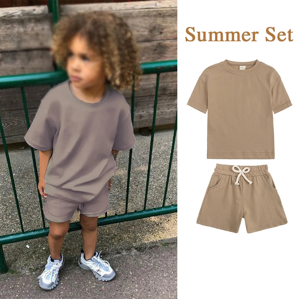 Kids Summer Tracksuit Solid Color Baby Children Outwear Clothes Cotton T-shirt+Pants Suits Toddler Boy Girl Casual Costume