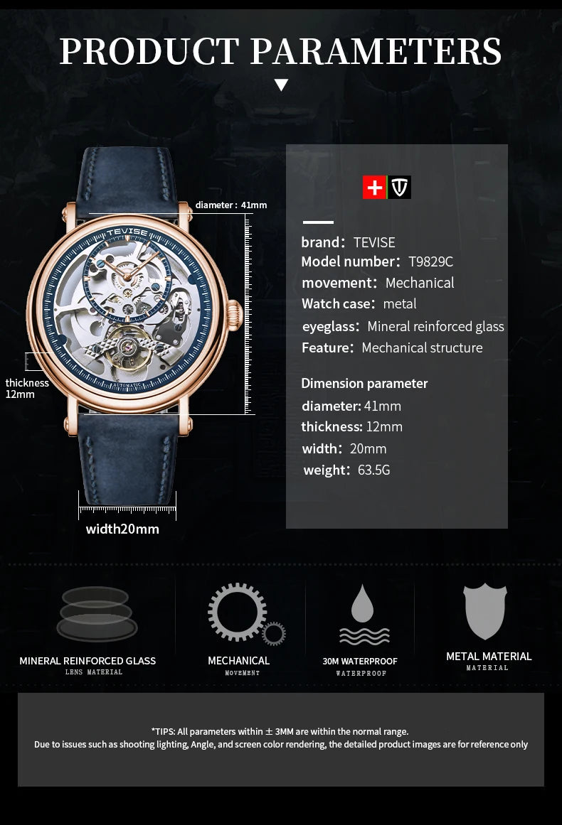 TEVISE Automatic Mechanical Watch for Men Skeleton Watch Luminous Hands Fashion&Business Watch with Leather Strap Waterproof