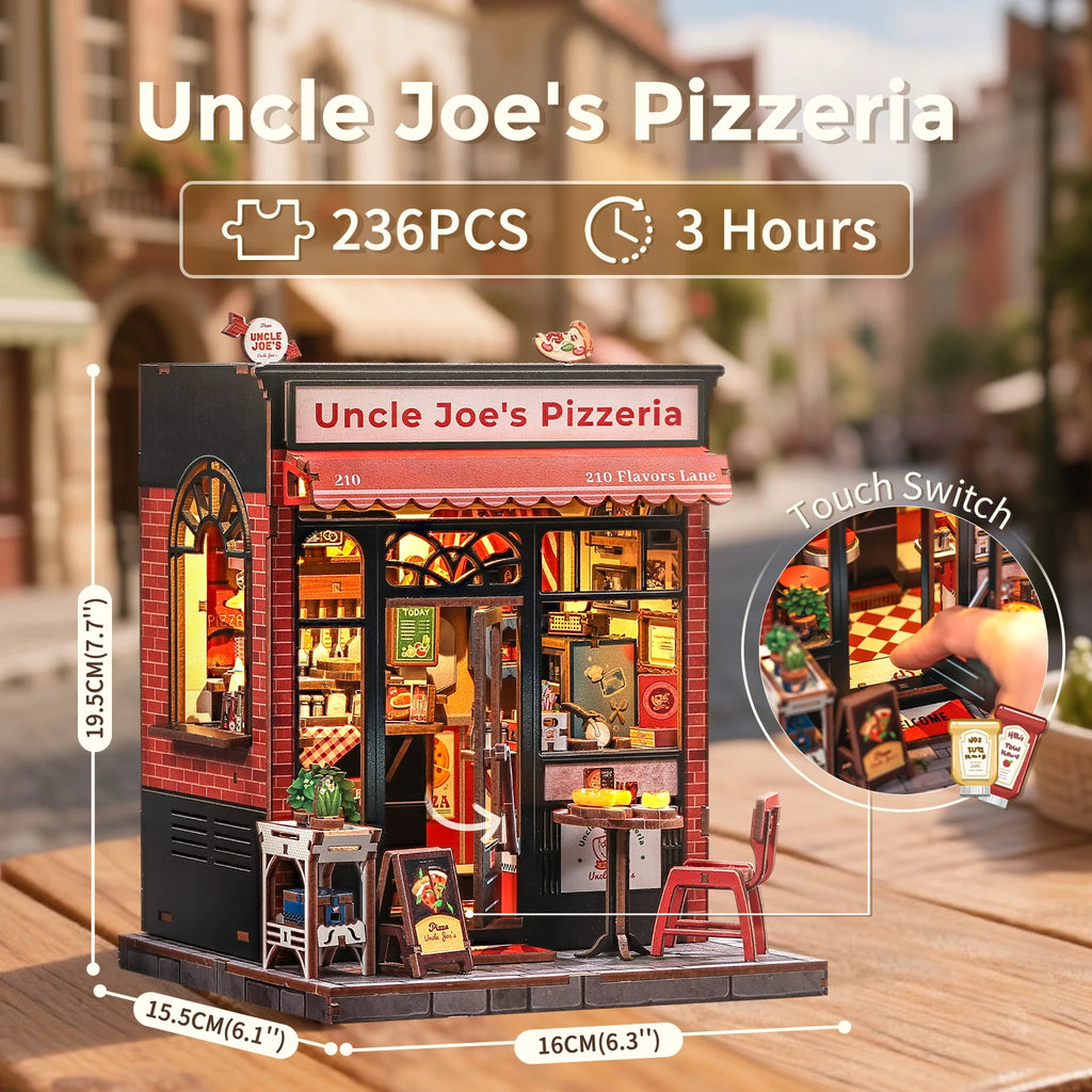 CUTEBEE Book Nook Kit DIY Doll House with LED Light Bookshelf Insert Uncle Joe's Pizzeria Miniature Model For Party Family Gift