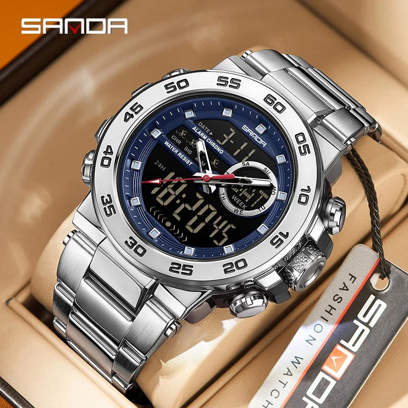 SANDA Fashion Men's Electronic Watches Sports Multifunctional Waterproof Large Dial Three Pin Double Display Men's Wristwatches