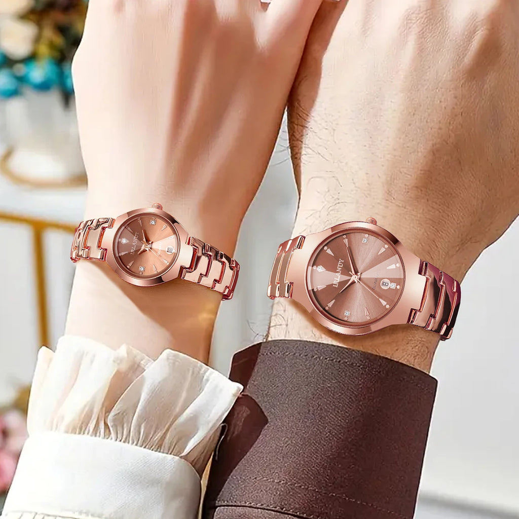 2PCS Fashion Couple Watches Set Luxury Steel Band Men Calendar Watch Women Quartz Wristwatch Clock Gift (Without Box)