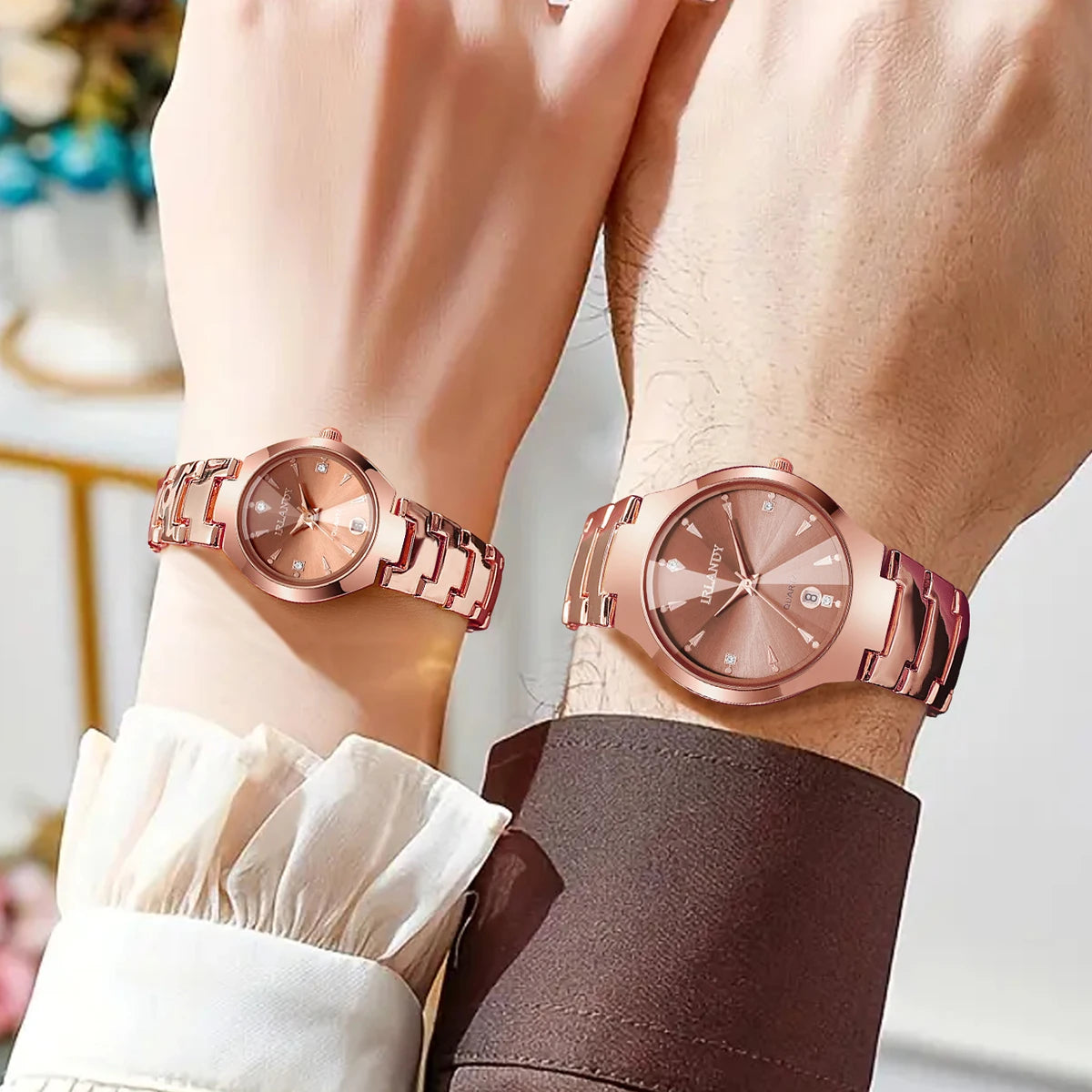 2PCS Fashion Couple Watches Set Luxury Steel Band Men Calendar Watch Women Quartz Wristwatch Clock Gift (Without Box)