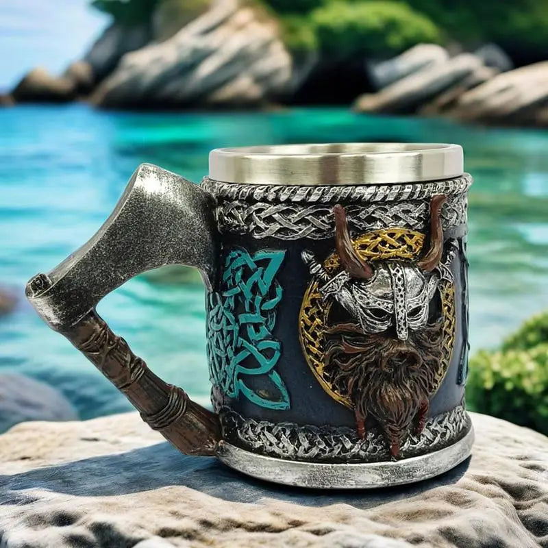 Viking Stainless Steel Single Handle Horn Skull Beer Stein Cup, Nordic Viking Warrior Skull Mug Tankard Halloween Bar Drinkware
