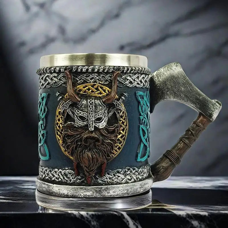 Viking Stainless Steel Single Handle Horn Skull Beer Stein Cup, Nordic Viking Warrior Skull Mug Tankard Halloween Bar Drinkware