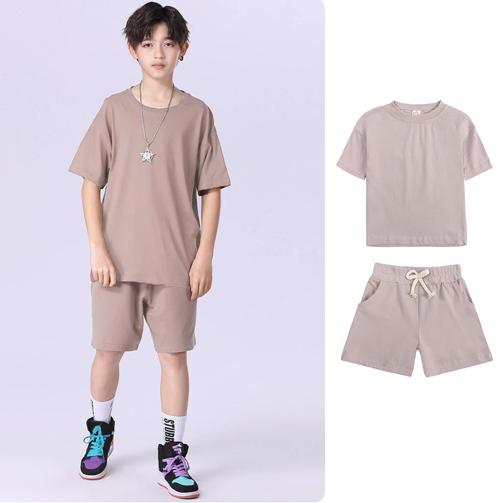 Kids Summer Tracksuit Solid Color Baby Children Outwear Clothes Cotton T-shirt+Pants Suits Toddler Boy Girl Casual Costume