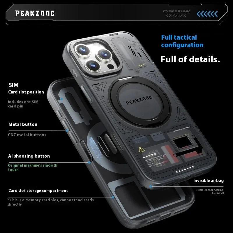 Peakzooc Cyber Memory Card Phone Case Magnetic Bracket SIM Card/SD/TF/Memory Card Storage Manager for IPhone 15/16 Pro Max Gift