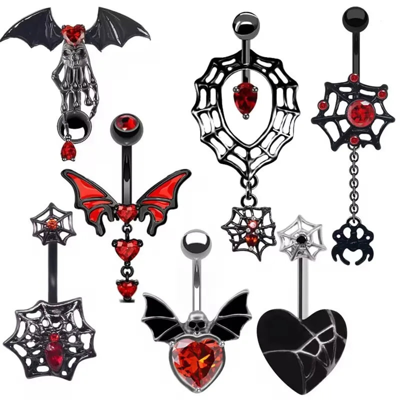 Cobweb Pendant Navel Ring Heart Zircon Belly Piercing Bar Navel Button Rings Umbilical Nail Piercing Accessories Halloween Gift