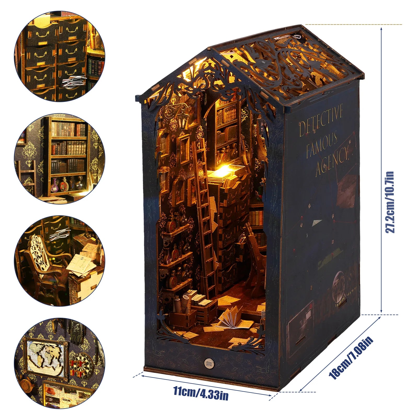 DIY Book Corner Kit 3D Wooden Puzzle Book Shelf Insert Decorative Doll House Model With LED Lights Creative Building Kids Gifts