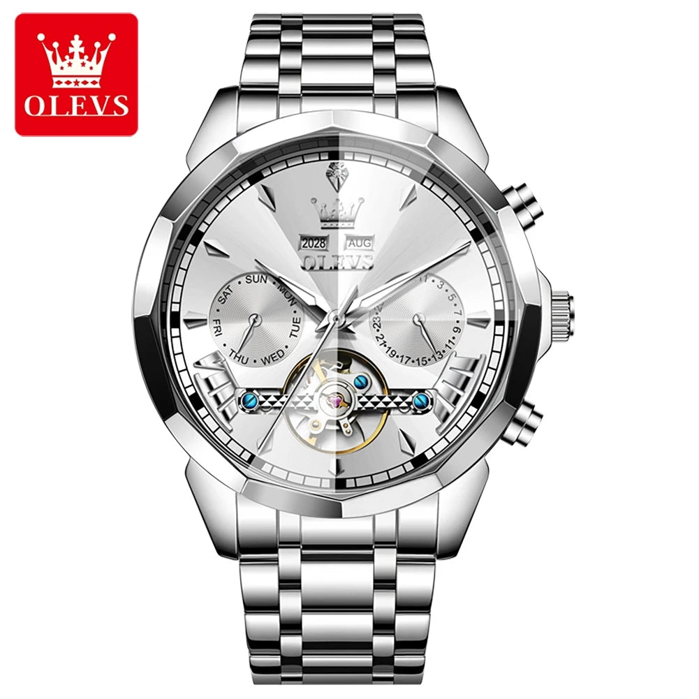 OLEVS 6619 Original Hollowed Automatic Watch Fashion Diamond Shaped Glass Skeleton Multifunctional Mechanical Wristwatch for Men