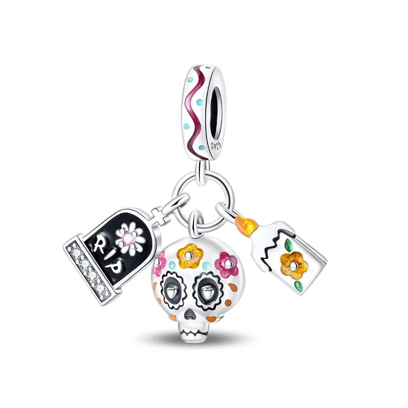 Funny 925 Sterling Silver Witch,Pumpkin & Heart Skull Beads Charm Fits Brand Bracelet & Necklace Fine Halloween Jewelry Gifts