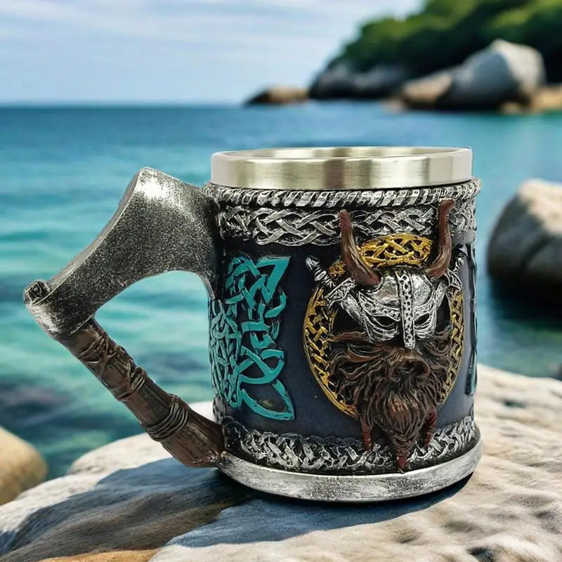 Viking Stainless Steel Single Handle Horn Skull Beer Stein Cup, Nordic Viking Warrior Skull Mug Tankard Halloween Bar Drinkware