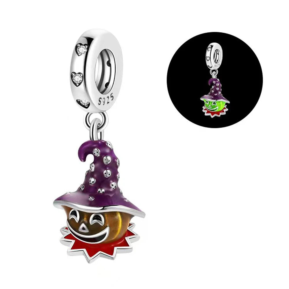 Funny 925 Sterling Silver Witch,Pumpkin & Heart Skull Beads Charm Fits Brand Bracelet & Necklace Fine Halloween Jewelry Gifts