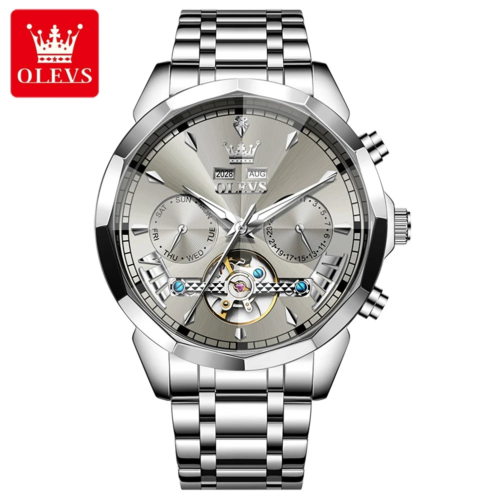 OLEVS 6619 Original Hollowed Automatic Watch Fashion Diamond Shaped Glass Skeleton Multifunctional Mechanical Wristwatch for Men