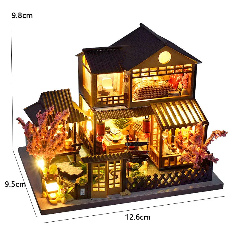 Wooden Dollhouse 3D Puzzle Small House Kit Handmade Assembly Model Building Room Bedroom With Furniture LED Lights Xmas Gifts