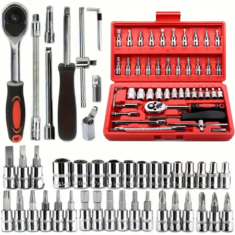 46-piece Set 1/4 Ratchet Wrench  Automobile Repair Tool with Hexagonal Sleeve Wrench Set Complete Set Quick Tool Quick Repair