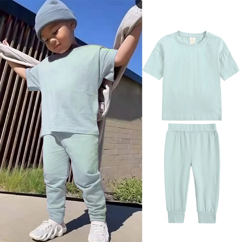 Kids Summer Tracksuit Solid Color Baby Children Outwear Clothes Cotton T-shirt+Pants Suits Toddler Boy Girl Casual Costume