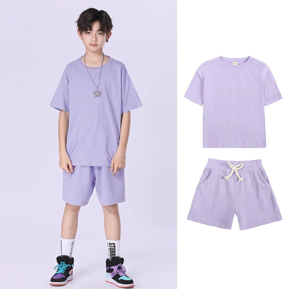 Kids Summer Tracksuit Solid Color Baby Children Outwear Clothes Cotton T-shirt+Pants Suits Toddler Boy Girl Casual Costume