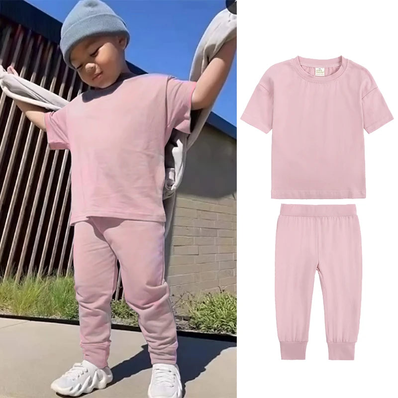 Kids Summer Tracksuit Solid Color Baby Children Outwear Clothes Cotton T-shirt+Pants Suits Toddler Boy Girl Casual Costume