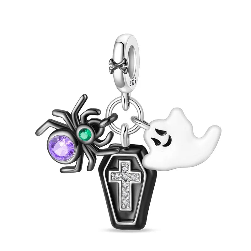 Funny 925 Sterling Silver Witch,Pumpkin & Heart Skull Beads Charm Fits Brand Bracelet & Necklace Fine Halloween Jewelry Gifts